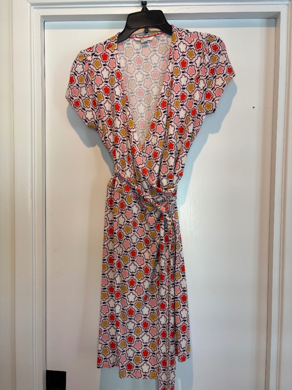Boden Retro Daisy Floral Jersey Wrap Dress Pink Mustard 8P 8 Petite